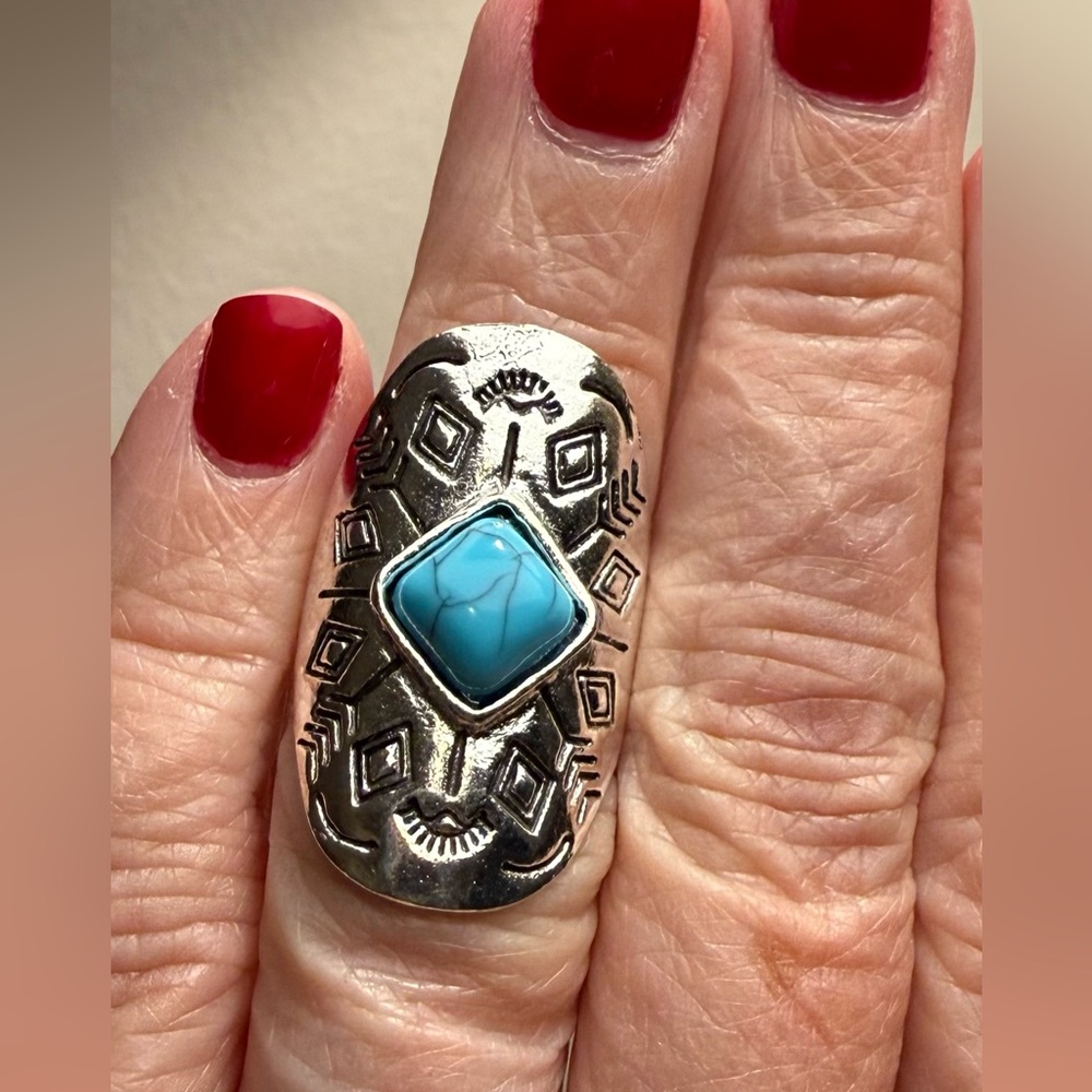 Ring - size 6.25 - silver tone stainless steel with light blue marbled stone - Picture 5 of 9